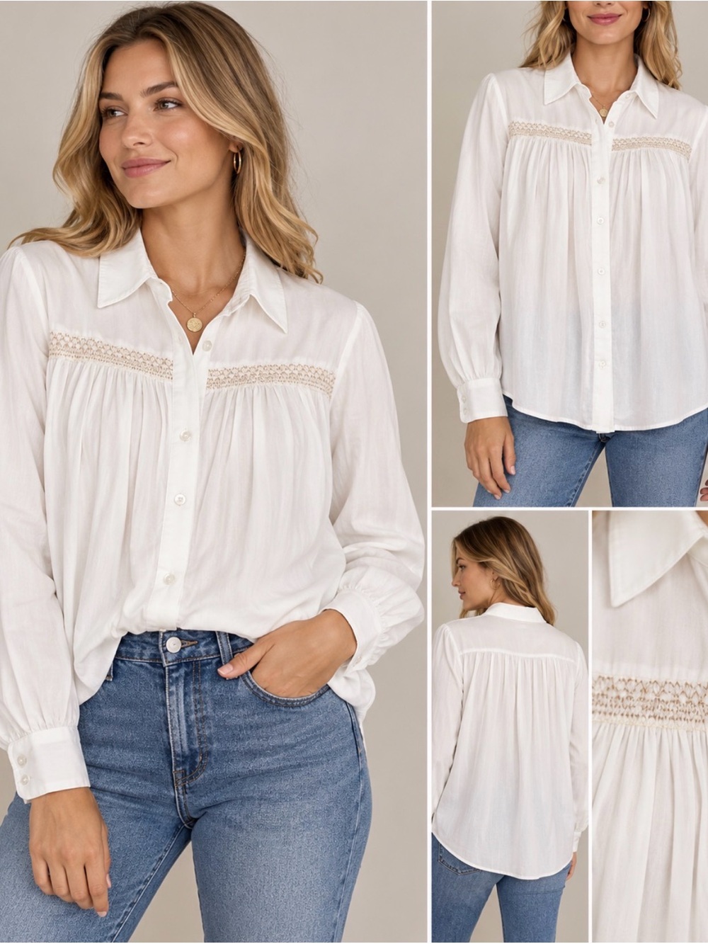 Elan White Button-Front Lace Yoke Blouse NWT